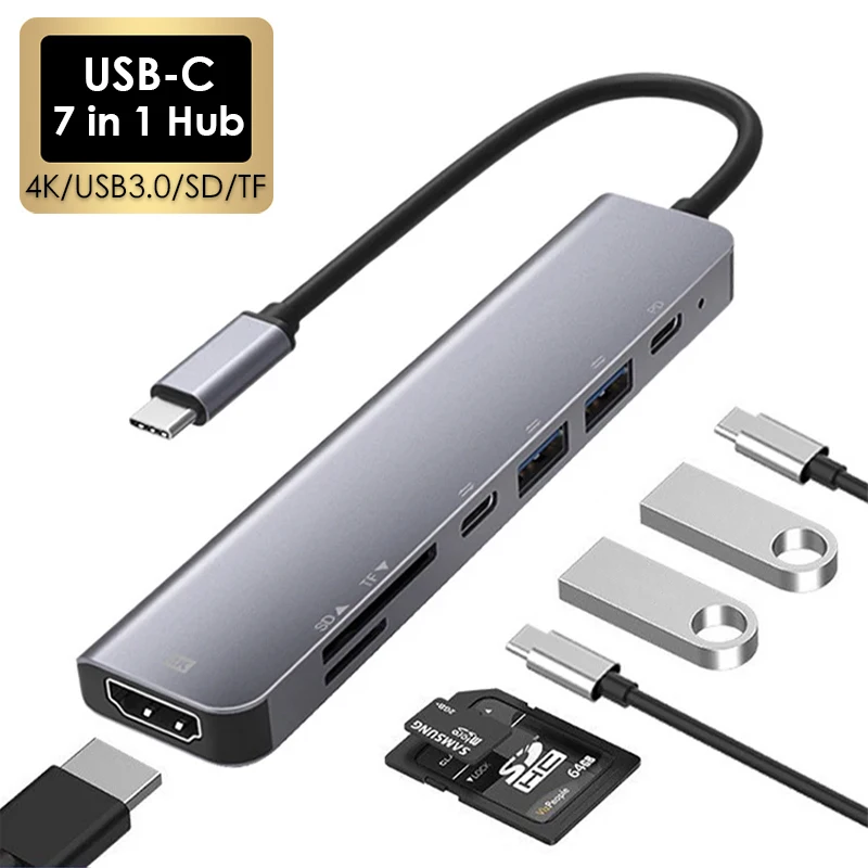 7-in-1 Typ C USB 3.1 HDTV 4K 30Hz Video USB 3.0 USB2.0 SD TF Kartensteckplatz Leser Daten USB-C PD Lade-Hub-Adapter für MacBook Image