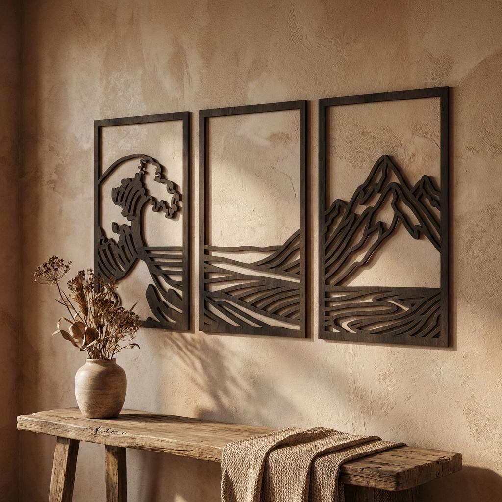 Set di 3 quadri da parete con montagne, decorazioni con onde oceaniche, quadri da parete ispirati alla natura, decorazioni da parete costiere, quadri