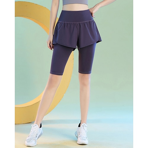 Damen Pilates-Hosen Sporthosen Yoga-Leggings 2 in 1 Hohe Taille Kein Durchsehen Fitnesstraining Laufen Fitness Leggings Einfarbig Schwarz Blau Purpur Sport Sportkleidung Dehnbar Image