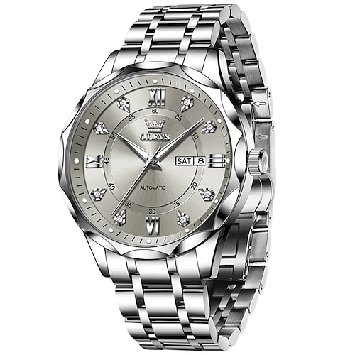 Olevs Automatikuhr für Herren, luxuriöse Business-Armbanduhr aus schwarzem Edelstahl mit automatischem Aufzug, Wochentags- und Datumsanzeige sowie Leuchtdiamanten, wasserdichte analoge Armbanduhr, Image