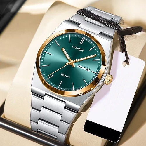 Herrenuhr mit grünem Zifferblatt – luxuriöse Business-Armbanduhr aus Edelstahl mit Wochentags- und Datumsanzeige, wasserdichtes Quarz-Analogwerk, elegantes Geschenk für Männer, Ehemänner, Väter und Image