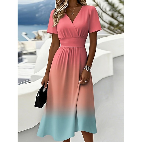 Damen Midikleid A Linie Kleid Urlaub Lässig Boho Normale Passform Grafik Kurzarm V Ausschnitt Blau Rosa Purpur Orange Sommer Frühling Image