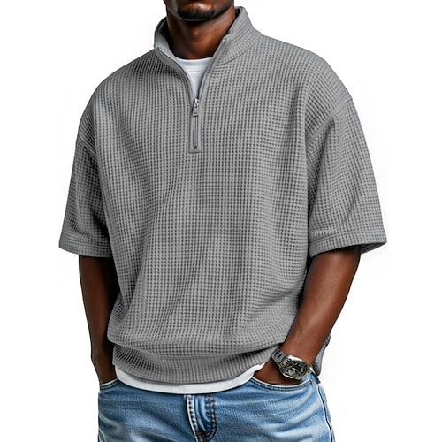 Herren Waffel-Poloshirts Poloshirts Lässig Täglich Viertelreißverschluss Kurzarm Mode Basic Einfach Reißverschluss Leicht Sommer Frühling Normale Passform Wein Schwarz Weiß Marineblau Himmelblau Image