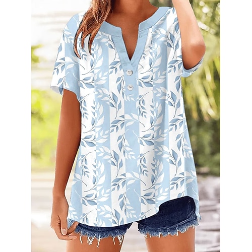 Damen T Shirt Blumen Grafik Pflanzen Stilvoll Klassisch Kurzarm V Ausschnitt Normale Oberteile Lässig Täglich Blau Schwarz Weiß Orange Sommer Frühling Image