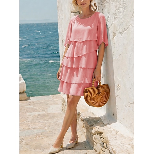 Damen Knielanges Kleid Chiffonkleid Cocktailkleid Elegant Mode Modern Täglich Urlaub Wochenende Normale Passform Einfach Halbarm Rundhalsausschnitt Blau Schwarz Rosa Sommer Frühling Image