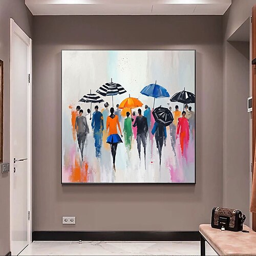 Abstraktes, handgemaltes Ölgemälde von Spaziergängern mit Regenschirmen auf Leinwand, Kunstwerk für die Heimdekoration, Regen in Erinnerung, Leinwandbild, Wandkunst Image