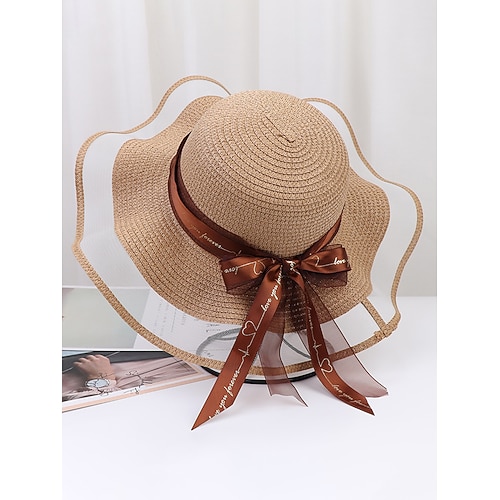 Cappello da sole bohémien da donna in paglia, cappello da spiaggia morbido, pieghevole, multicolore, con tesa larga, bordo ondulato e fiocco, ideale per vacanze, viaggi, stile resort e abbigliamento