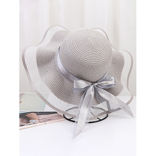 Cappello da sole bohémien da donna in paglia, cappello da spiaggia morbido, pieghevole, multicolore, con tesa larga, bordo ondulato e fiocco, ideale per vacanze, viaggi, stile resort e abbigliamento