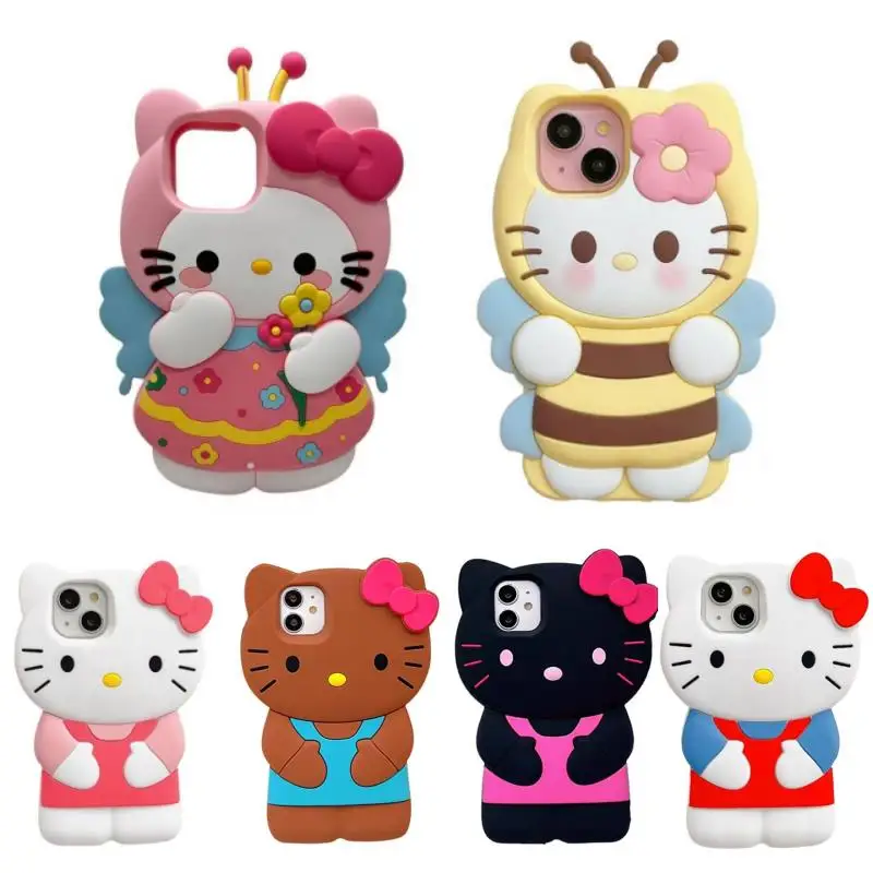 Custodia per telefono Sanrio 3D Cartoon Hello Kitty con fiocco, simpatica, in morbido silicone per iPhone 17 16 15 14 13 12 Pro Max 11 Xs XR 7 8 Plus SE