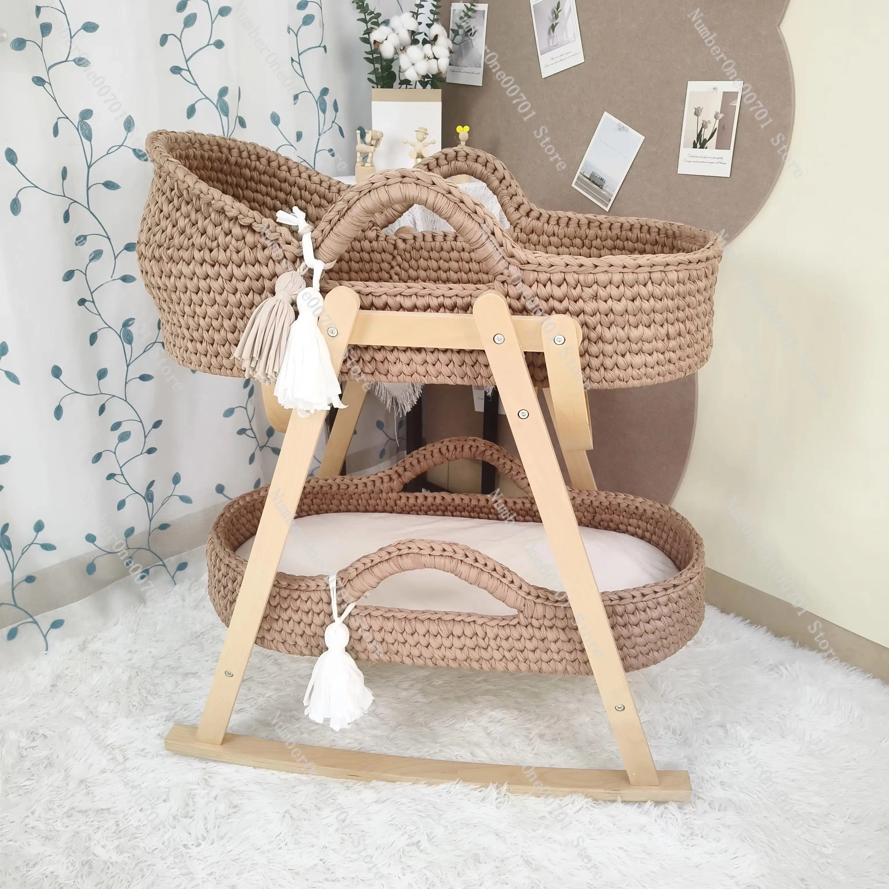 Culla per Neonati Intrecciata a Mano, Cesto Portatile Beige all'Uncinetto, Sdraietta per Neonati con Supporto in Legno e Materasso Morbido