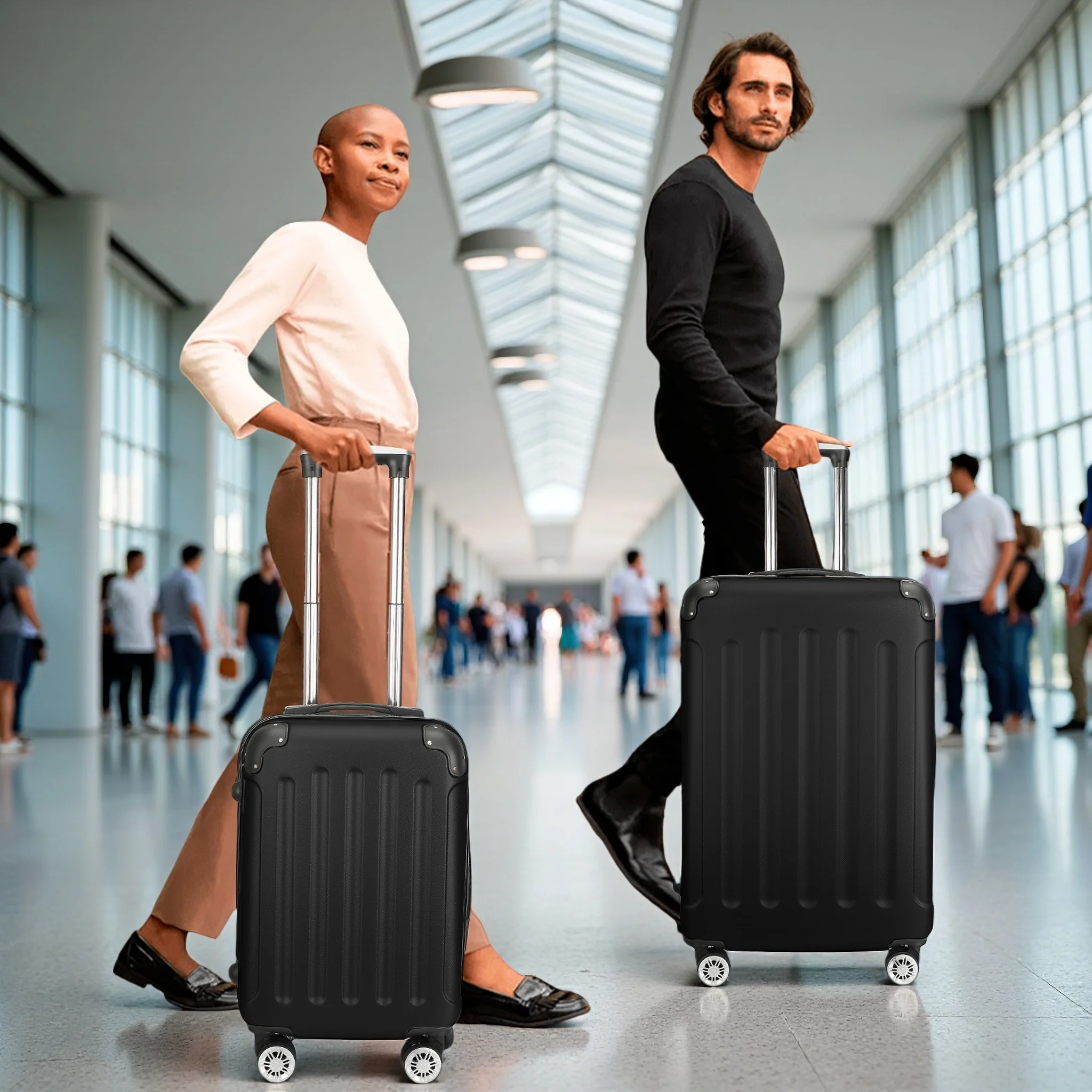 Set di valigie Comanlai 3 pezzi, valigia rigida a righe in ABS, valigia trolley nera, valigia da viaggio con 4 ruote