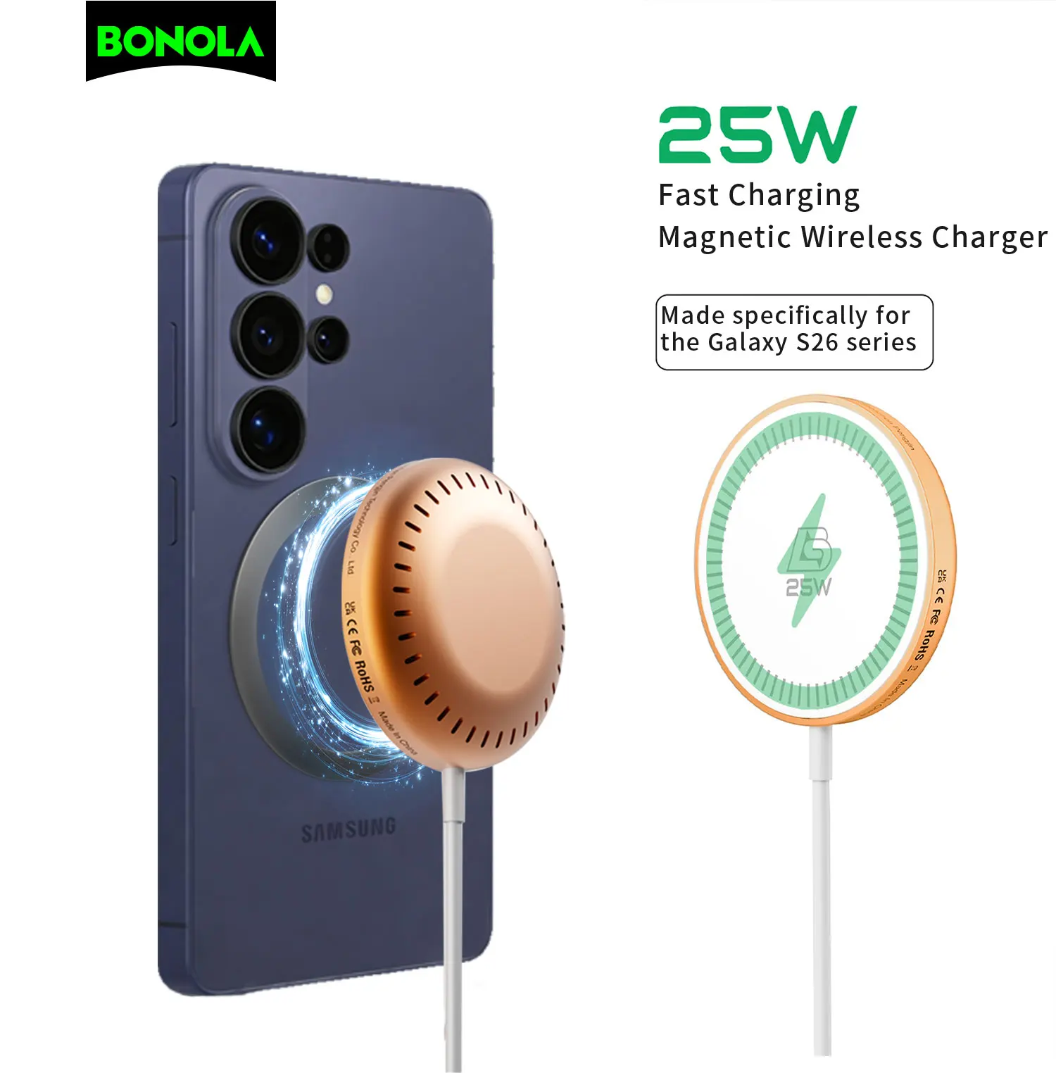 Caricatore Wireless Magnetico Bonola 25W per Samsung S26 Ultra, Base di Ricarica Wireless Veloce con Cavo Type-C per Galaxy S25/S24/S23/S22