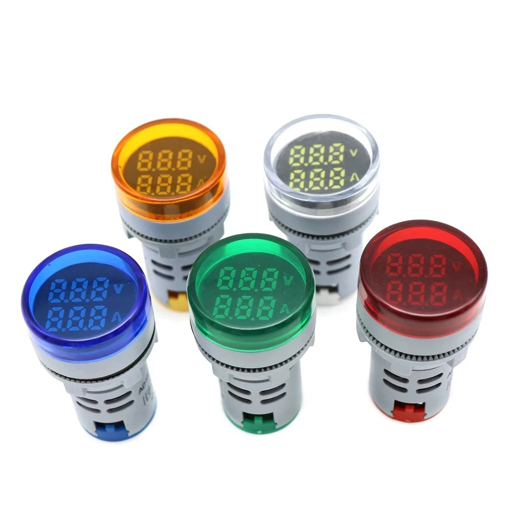 Voltmetro Amperometro Digitale Rotondo Mini da 22mm, AC 20-500V 0-100A, Tester di Tensione e Corrente con Doppio Indicatore LED e Lampada Pilota