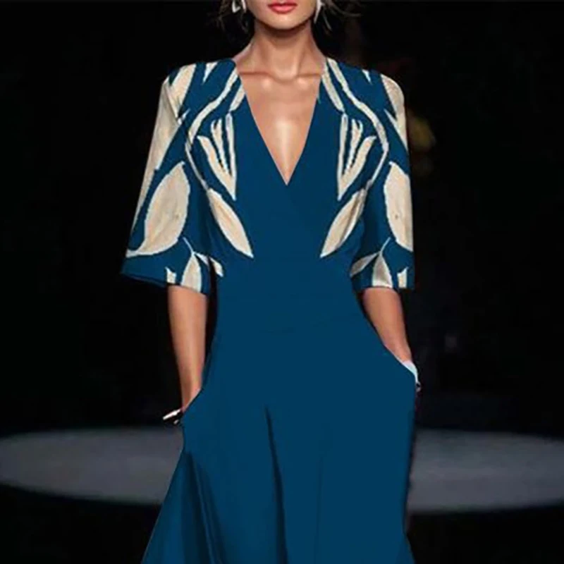 Abito lungo estivo con tasca con stampa a foglie Abito lungo sexy con scollo a V a maniche corte a vita alta Abito da donna Nuovo 2026 Abito bohémien allentato per le vacanze