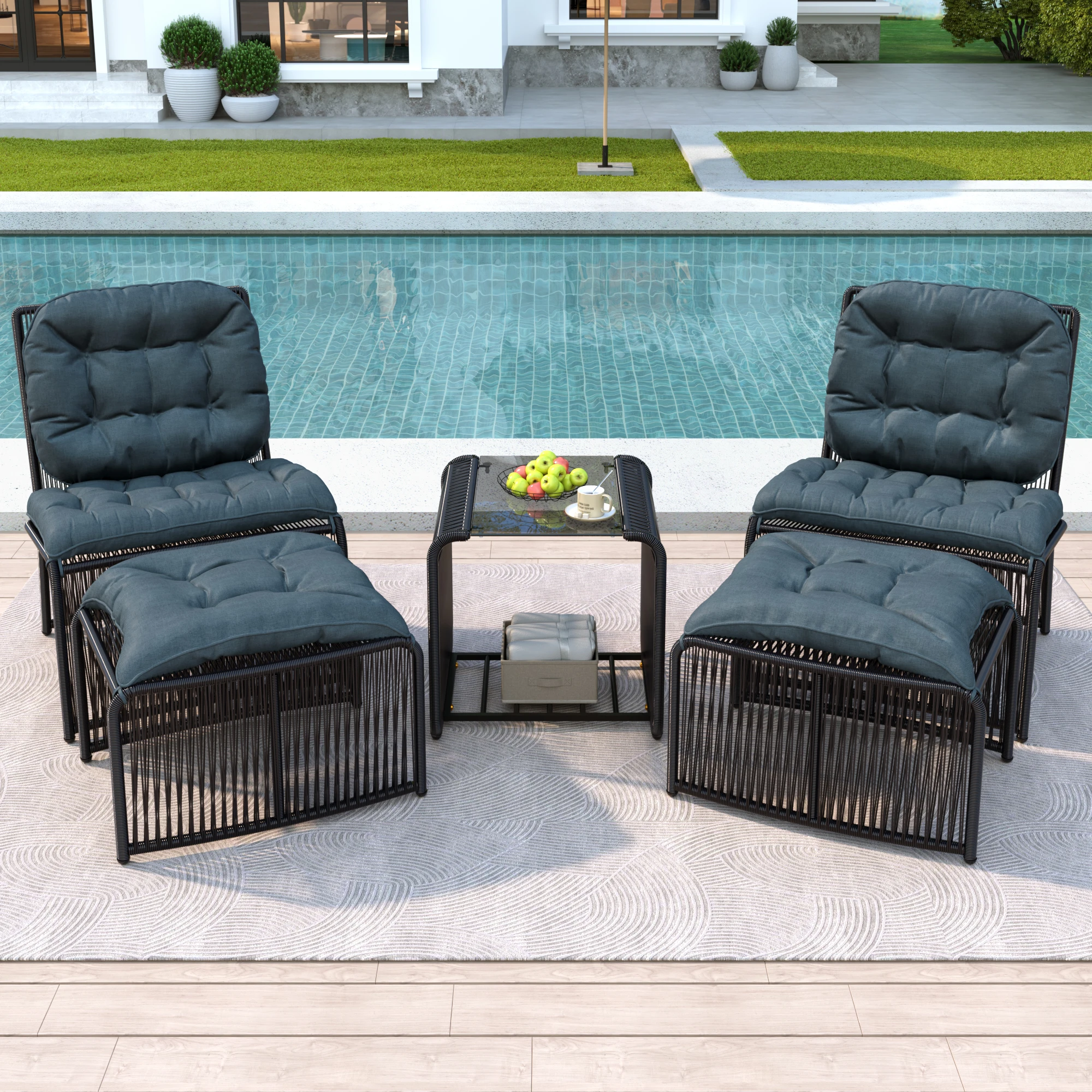Set di mobili da giardino per esterni in 5 pezzi con tavolo, 2 sedie, 2 pouf, struttura in ferro, rattan PE, cuscini, piano in vetro –