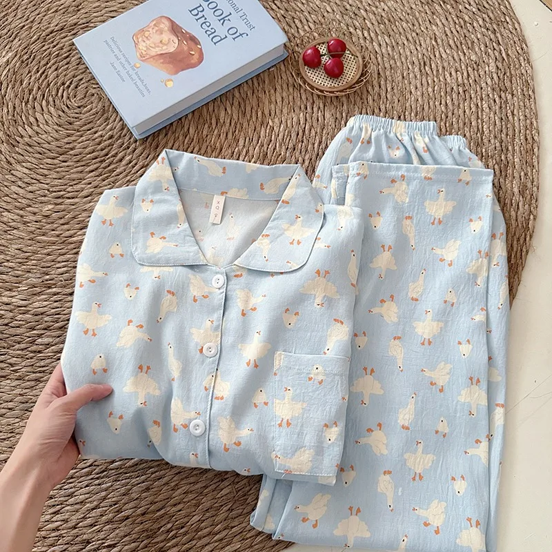 Süße süße Gans Druck koreanische Mode Damen Pyjamas Nachtwäsche Kawaii Casual Revers Hals Y2K Pyjamas Set Herbst neue Loungewear Image