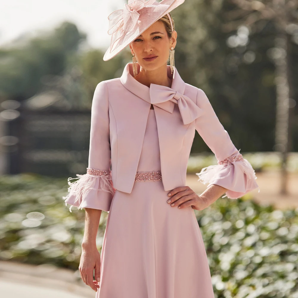 Elegante rosa Kleider für die Brautmutter 2025, O-Ausschnitt, 3/4-Ärmel, individuelle Hochzeits-Party-Kleider, Perlenverzierungen, A-Linie