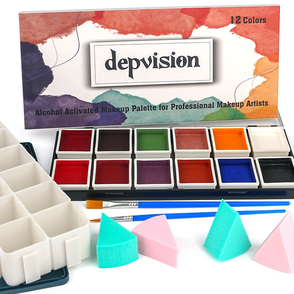 Depvision Alkoholaktivierte Gesichtsbemalung, SFX-Make-up, 12 Farben, für Spezialeffekte, Wundaufbau, wasserfest, professioneller Künstler Image