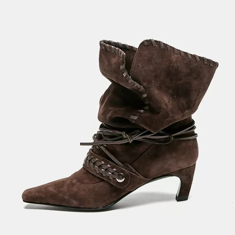 Liyke Herbst Winter Braun Wildleder Weben Lace-up Frauen Falten Plissee Stiefeletten Mode Dünne Low Heels Chelsea Western Damen schuhe