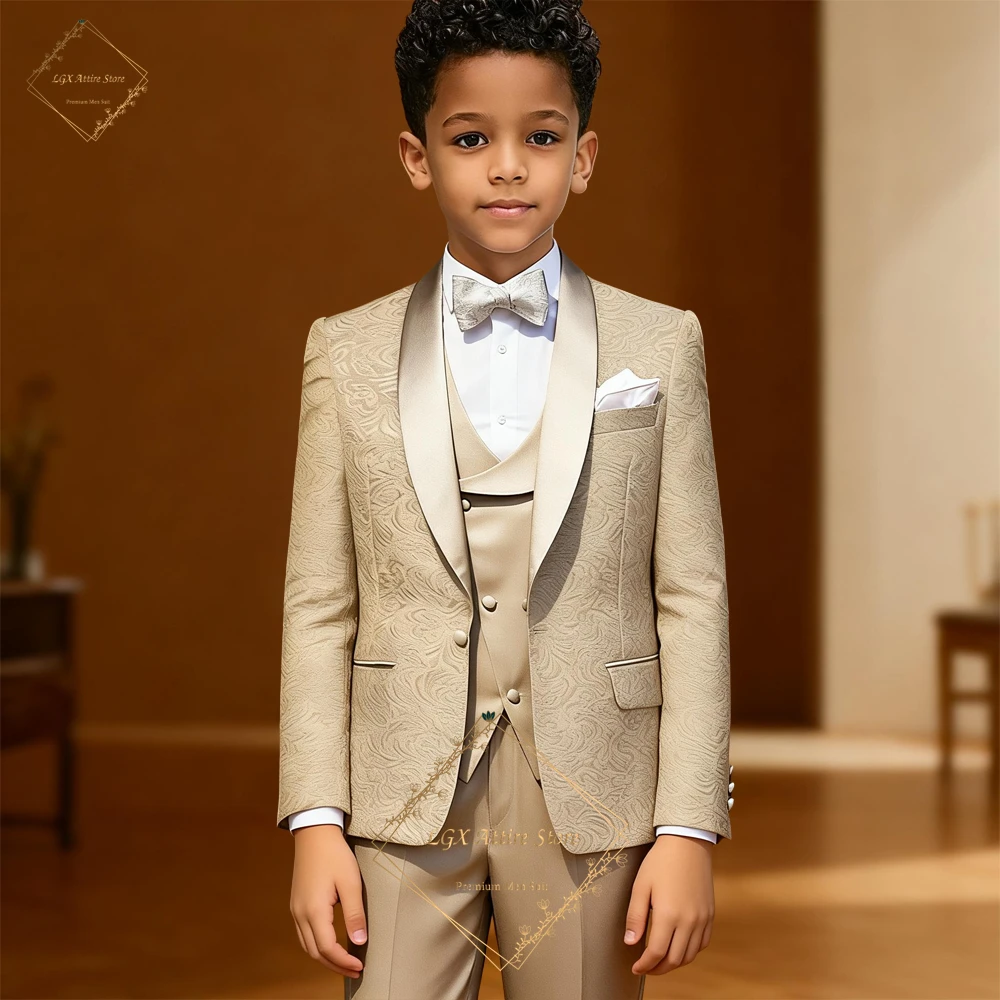 3-teiliger formeller Jacquard-Anzug für Jungen – Champagnerfarbener Blazer mit Schalkragen, Weste und Hose für Trauzeugen und Hochzeiten Image