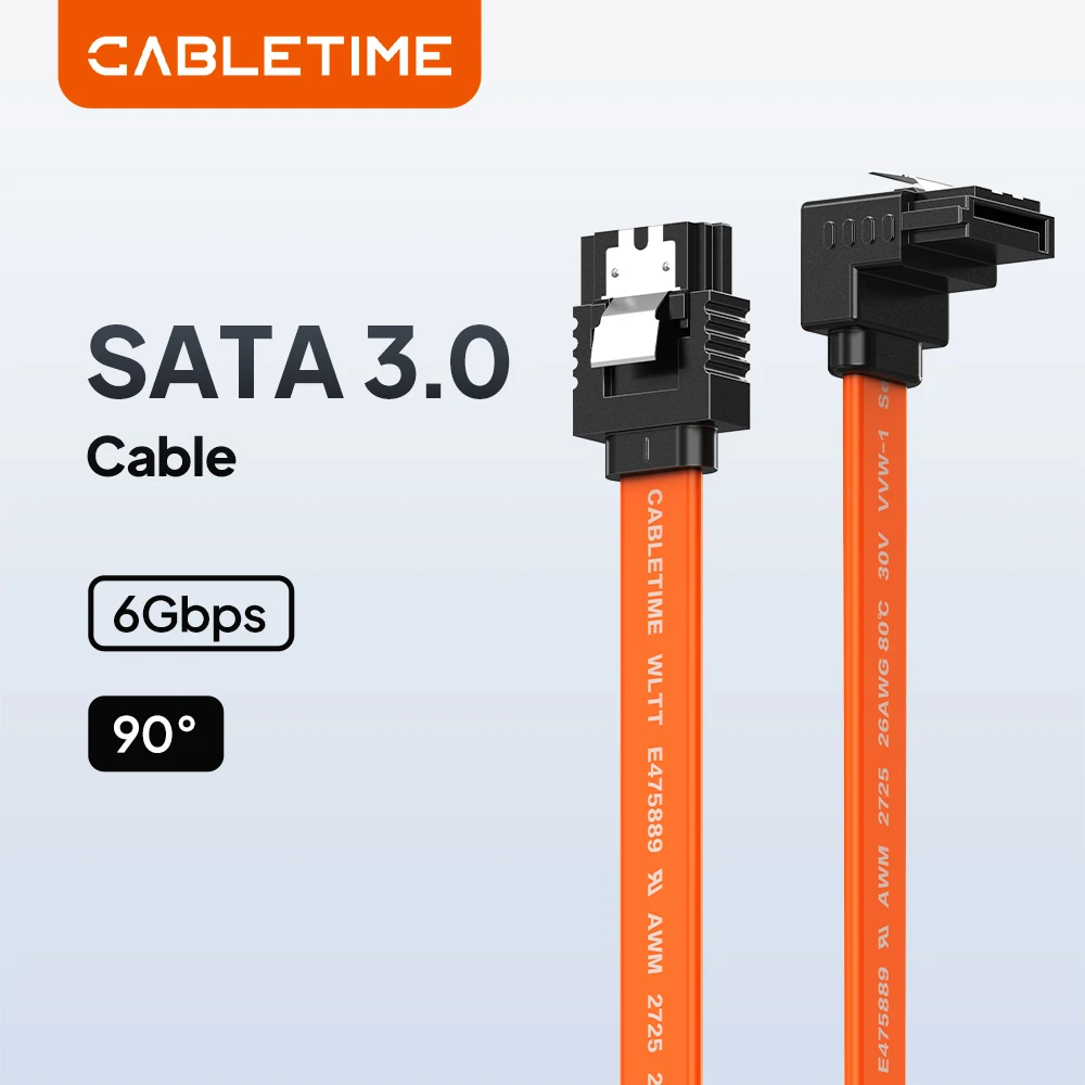 CABLETIME 6 Gbit/s SATA-Kabel 3.0 zu Festplatte SSD HDD Sata3 Gerades rechtwinkliges Kabel Schnellübertragungskabel für Desktop Image