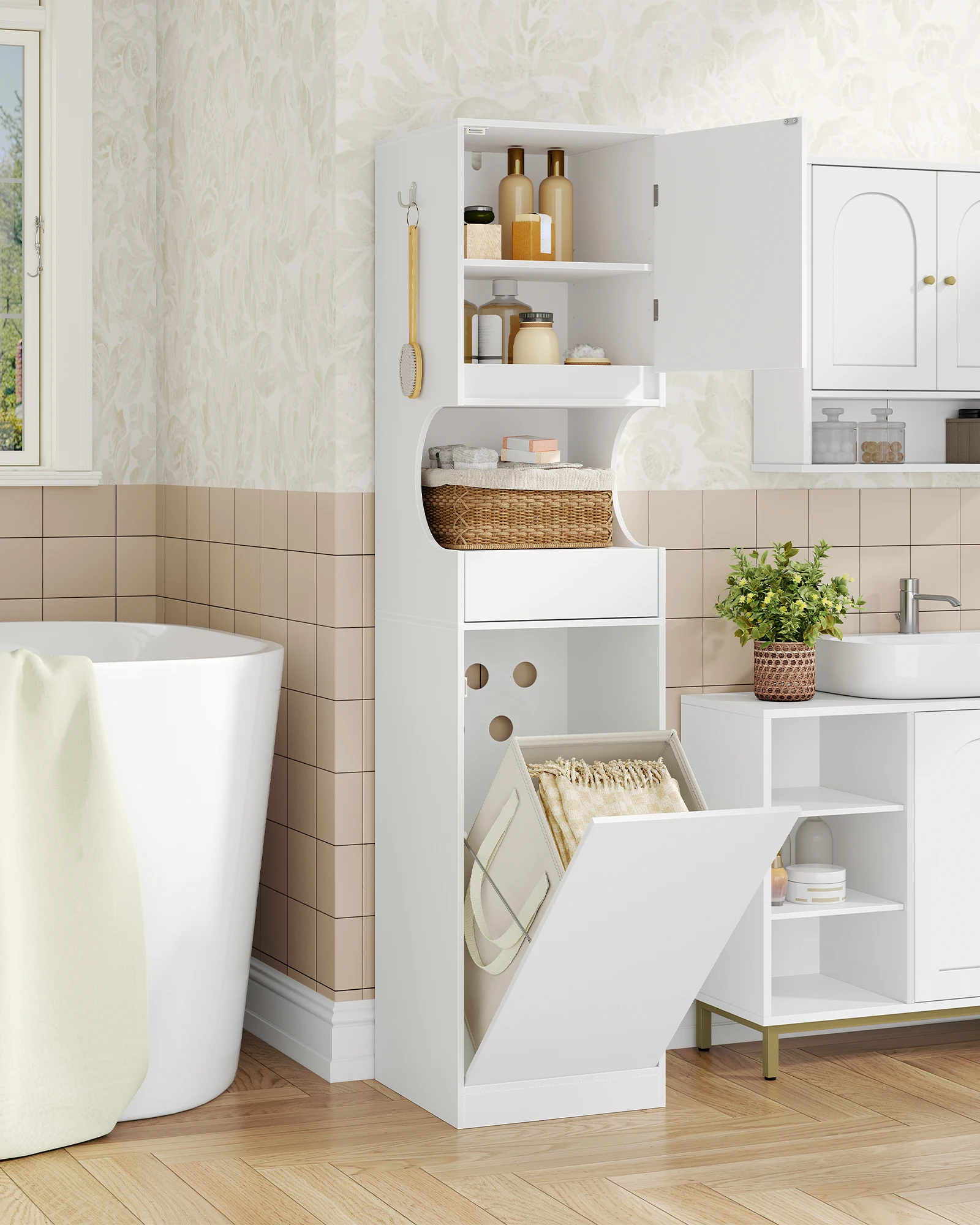 Badezimmerschrank mit Wäschekorb, hoher Badezimmerschrank, Wäschesack, mit faltbarem Wäschekorb, Tür und Schublade