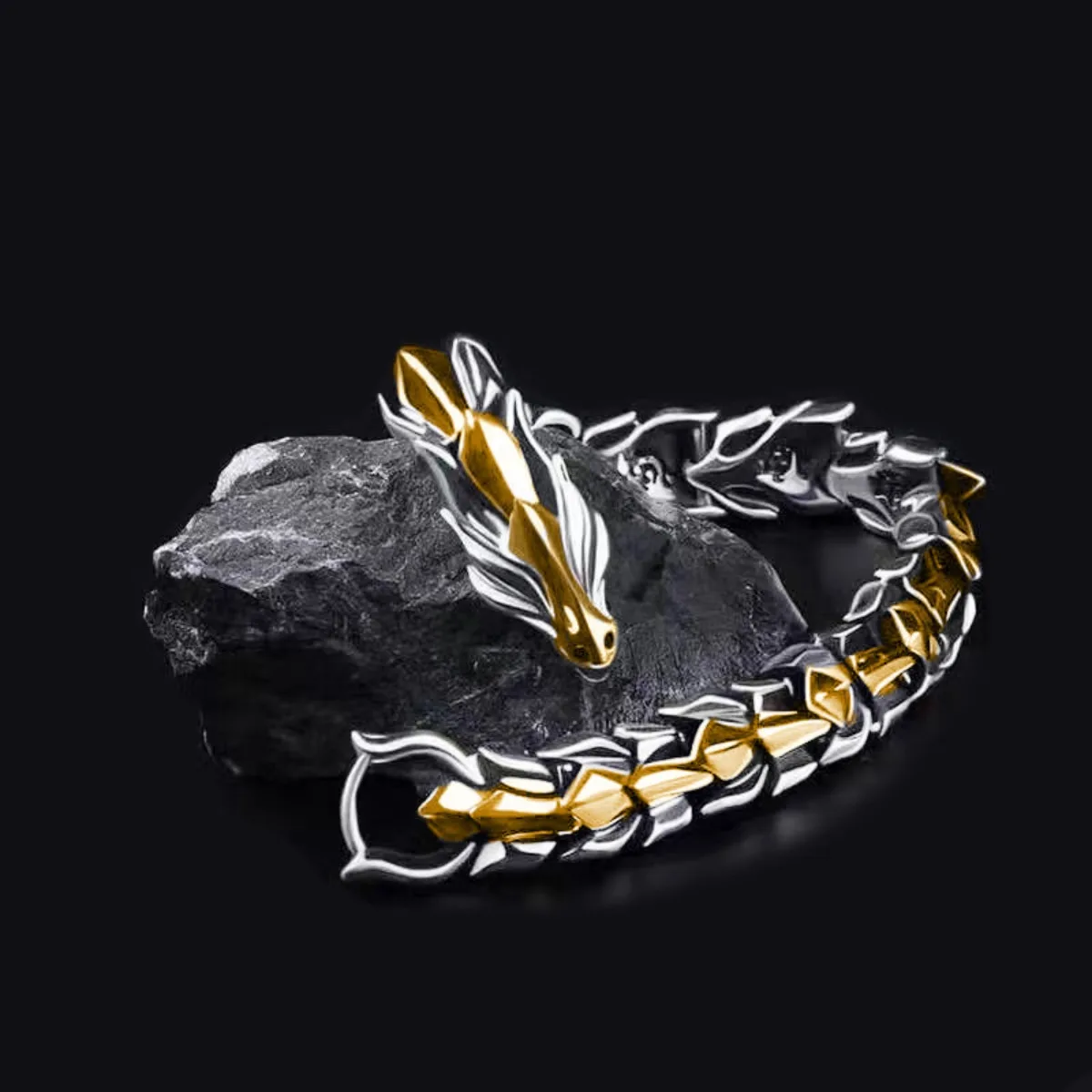 Retro-Drachenkopf-Armband für Herren, Hip-Hop-Stil, Punk-Drachenknochen-Armband, 12 mm Breite Image