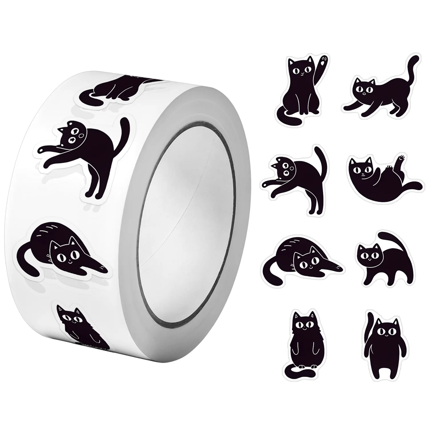 1 Rolle 500 Stück schwarze lustige Katzen-Aufkleber, 2,5 cm, 16 Designs, Abziehbilder, DIY-Schmücken, Geschenke, geeignet für verschiedene Verpackungen, Heimdekoration Image