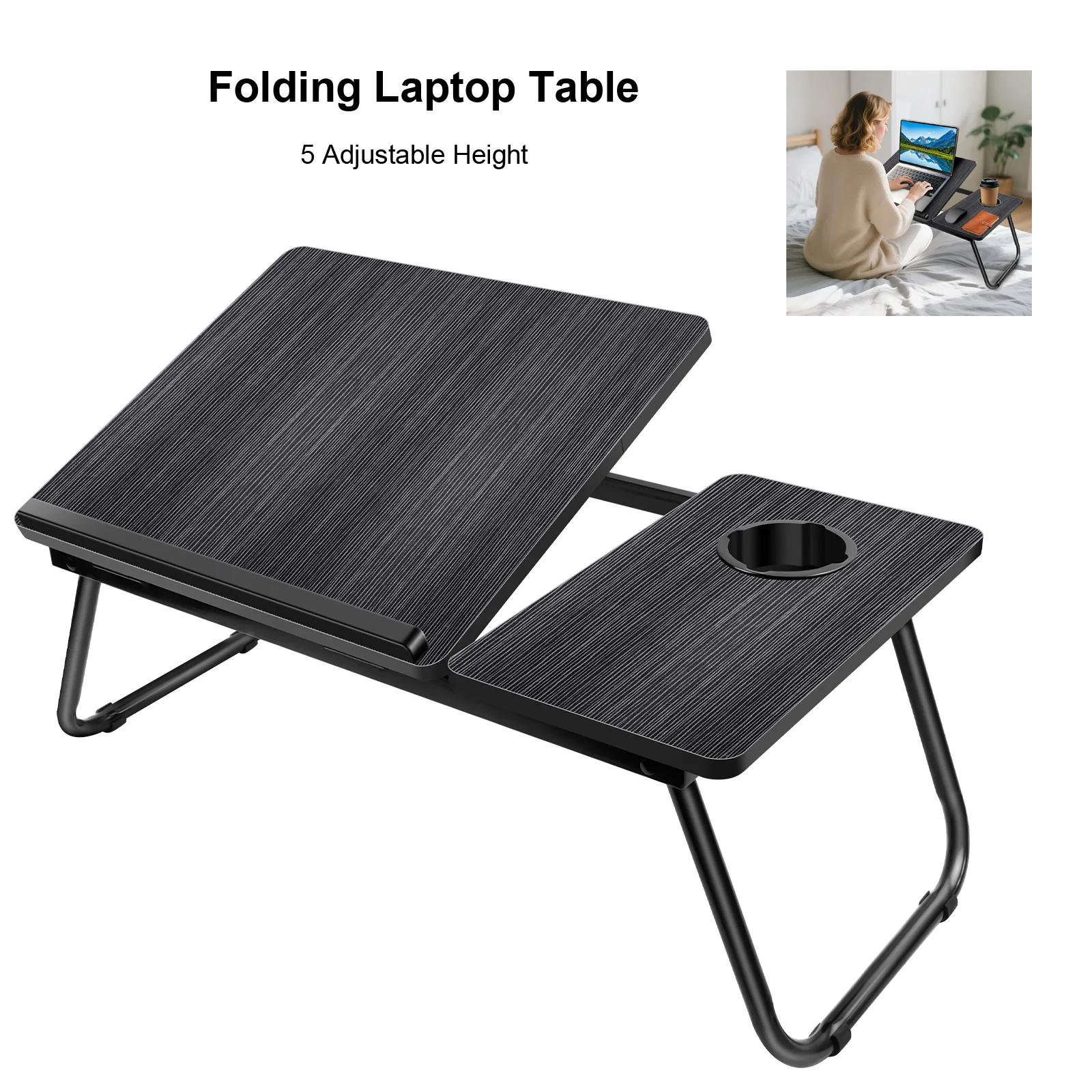 Klappbarer Schreibtisch, Laptoptisch für Bett und Sofa, Laptoptisch, multifunktionaler Tisch, 5-stufige Höhenverstellung + Getränkehalter