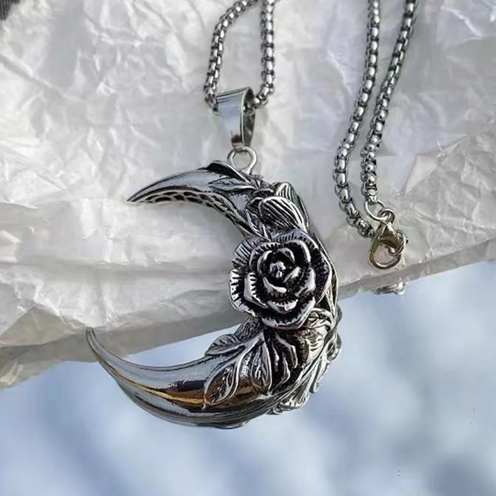 Vnox Big Moon mit Rosen-Anhänger-Halskette für Männer und Frauen, cooles Unisex-Pflanzenhalsband, Gothic-Punkrock-Schmuck