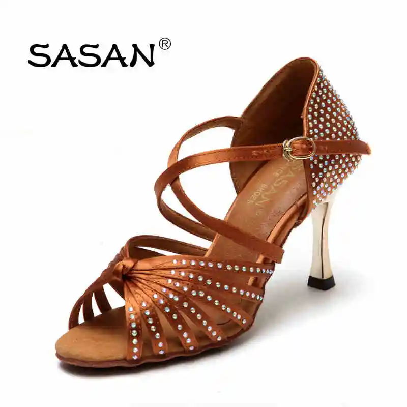 Sport schuhe Ballsaal Latin Dance Schuhe Für Frau Mädchen Weichen Boden Haben Bohrer SASAN S-125 Import Satin 8,5 cm gold ferse Schwarz