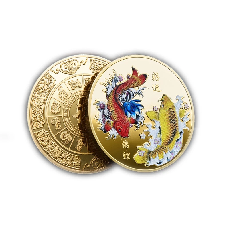 Viel Glück für Sie, chinesische Fu-Koi-Gedenkmünze, Farbe, Karpfenmedaille, Gold- und Silbermünze, geprägtes Metallhandwerk, Abzeichen, Geschenk Image