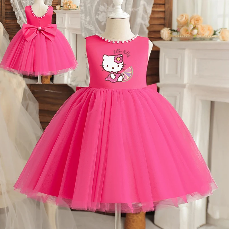 Hello Kitty Kinder Perlen Elegantes Prinzessinnenkleid für Mädchen Rückenfreie Schleife Baby 1. Geburtstag Taufe Tutu Kleid Hochzeitskleid