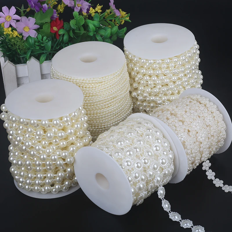 Heißer Verkauf 2-10 Meter Beige/Weiß Angelschnur Künstliche Perlen Perlen Kette Girlande Für Hochzeit Brautstrauß Dekoration blume Image