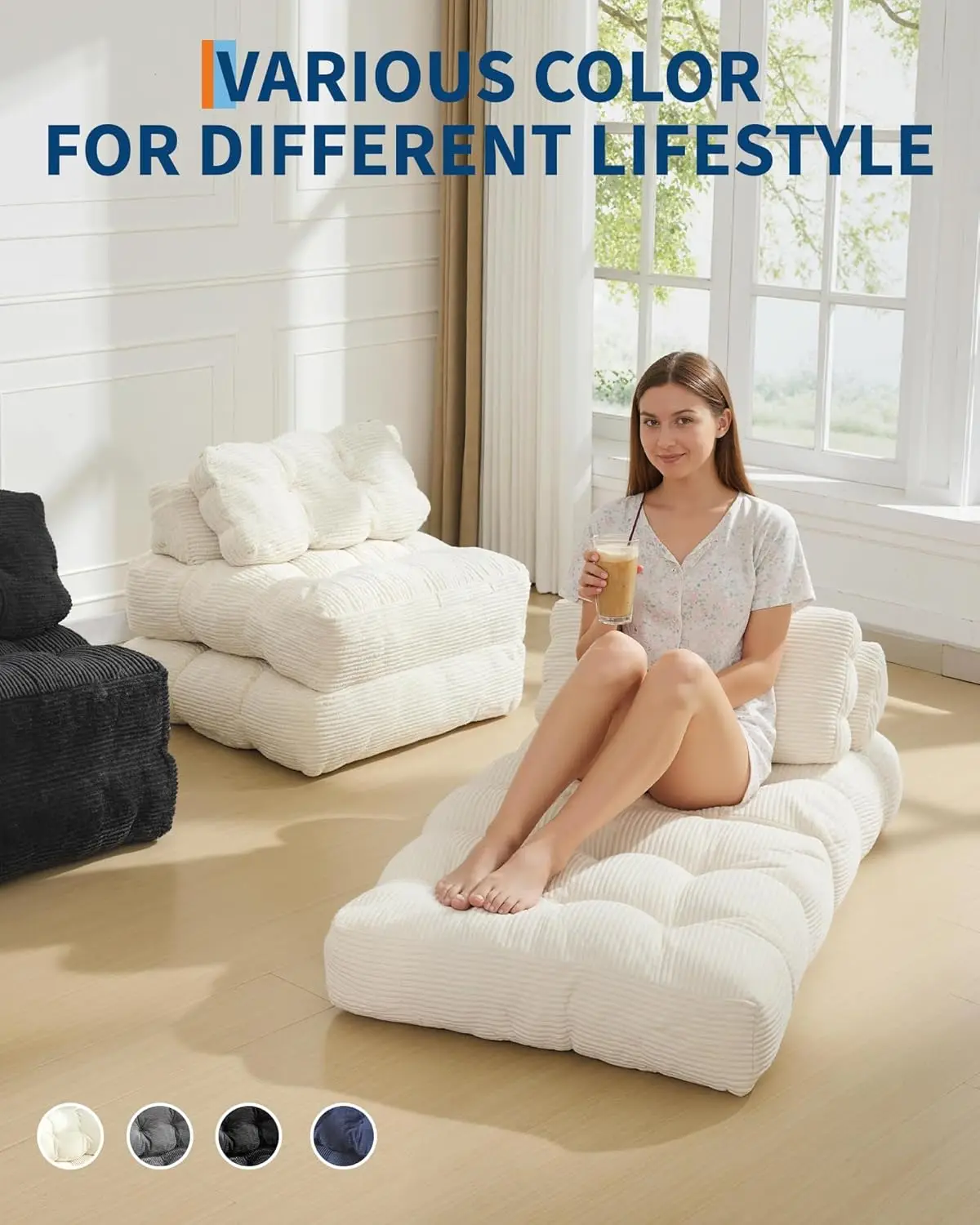 Konvertierbares Klappbares Einzel-Schlafsofa Bodenliege-Sofa mit Rückenlehne Geknöpftes Cord-Sofa für Wohnzimmer Schlafzimmer