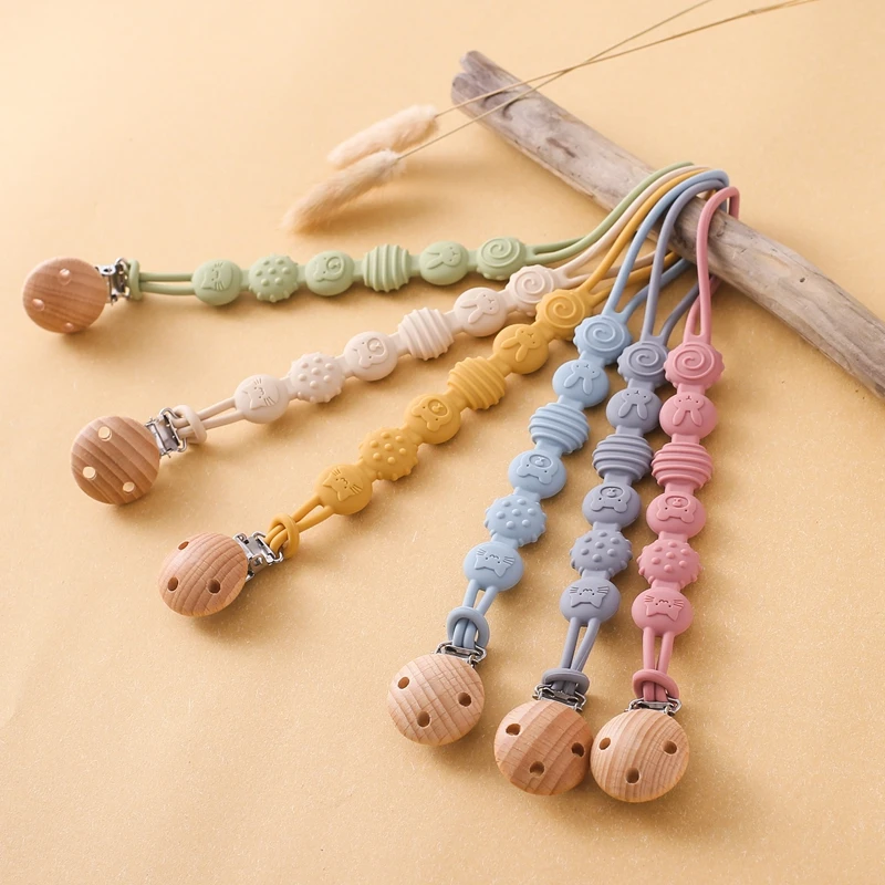 Buche Holz Schnuller Clip Silikon Kette Anti-drop Baby Zubehör Schnuller Kette Nippel Halter Nippel Clip Cartoon Schnuller Halter Image