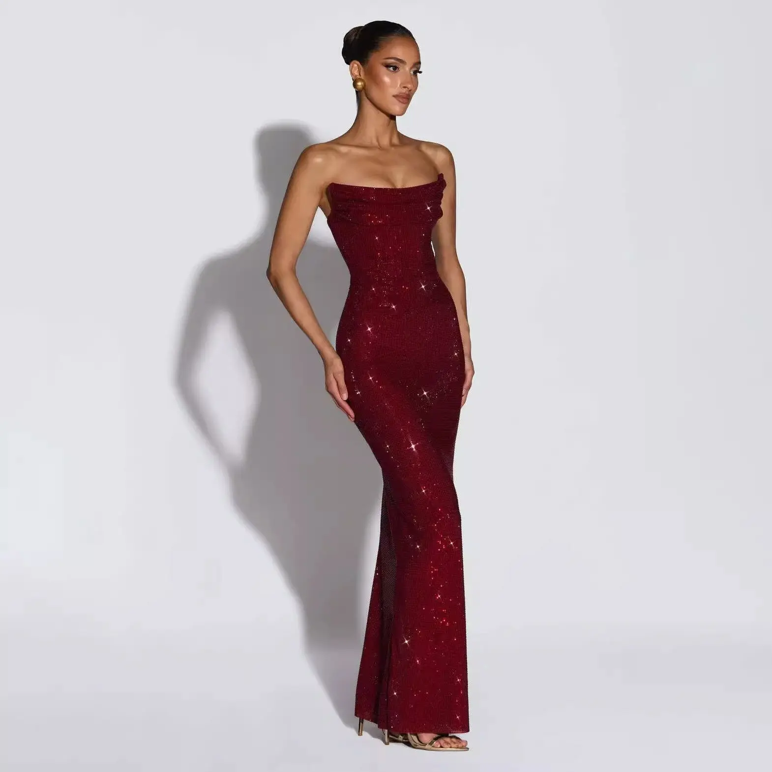 2026 Frauen Promi Sexy Liebsten Diamanten Rot Bodycon Maxi Lange Verband Kleid Gestrickte Elegante Abend Club Party Outfit