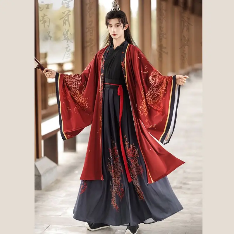 Chinesisches Hanfu Kostüm Männer Halloween Karneval Cosplay Kostüm Party Outfit alt gedruckt rot & schwarz Hanfu Kleid plus Größe 3xl