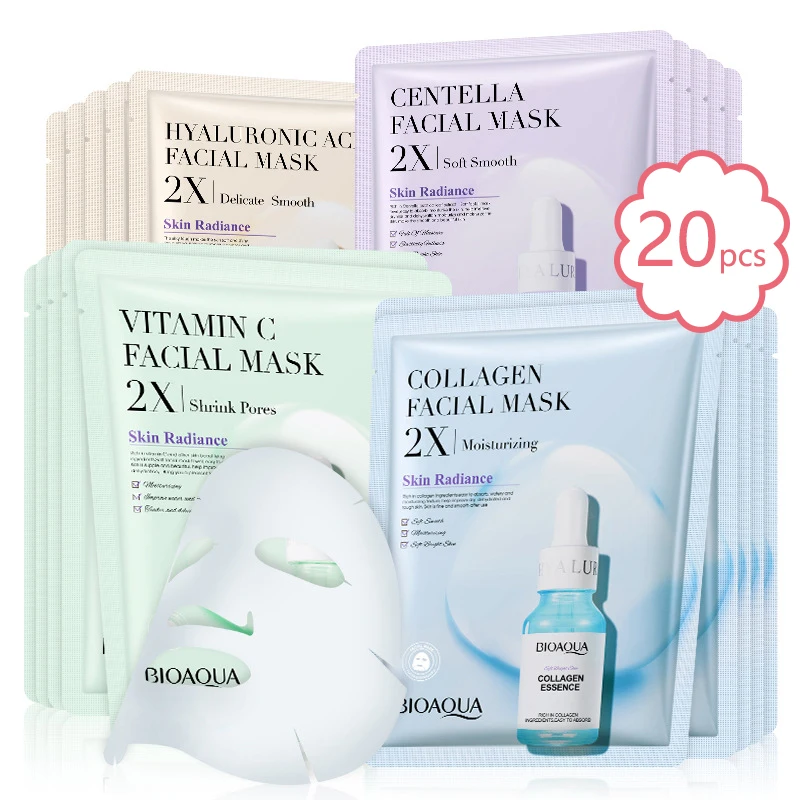 20 Stück BIOAQUA Centella Kollagen Gesichtsmaske VC Feuchtigkeitsspendende erfrischende Blattmasken Hyaluronsäure Gesichtsmaske Hautpflegeprodukte Image