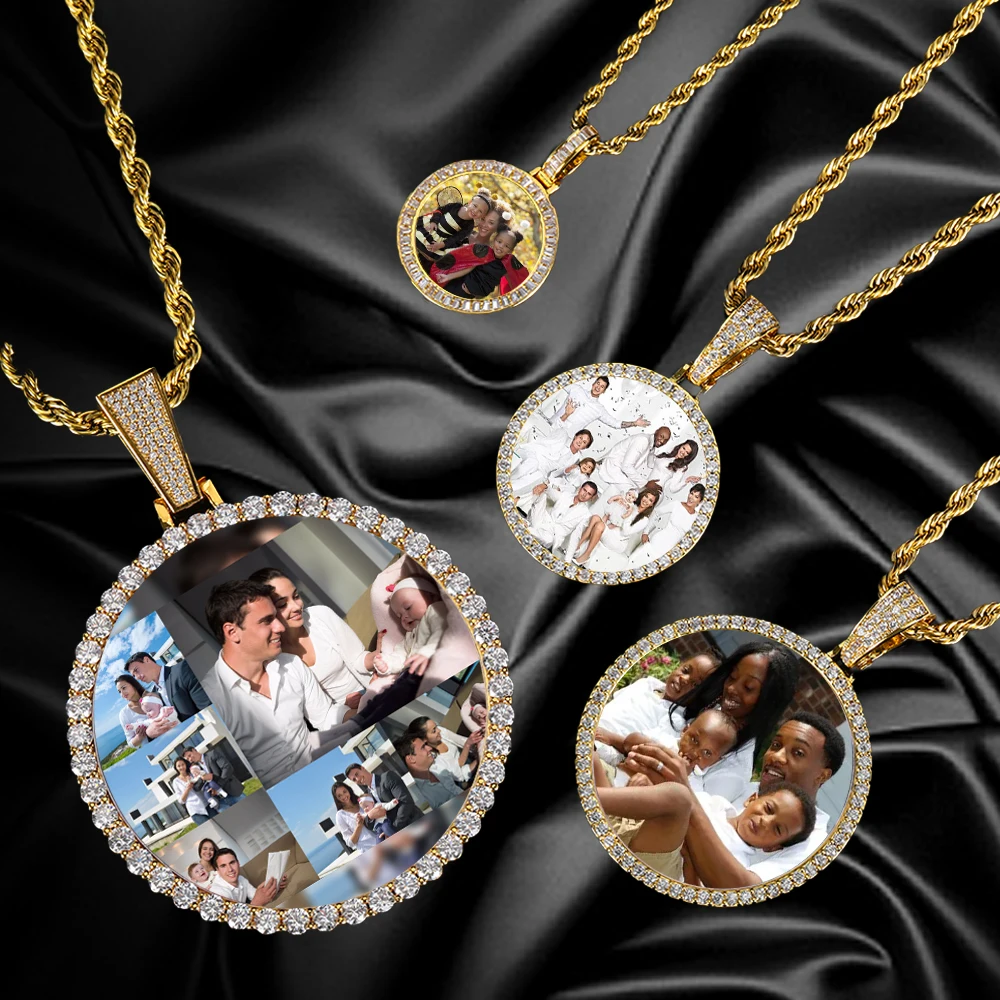 Hip Hop Schmuck Bling CZ Memorial Bilderrahmen Halskette Personalisierung Foto Benutzerdefinierte 26/35/45/68,5 MM Kreis Medaillons Anhänger