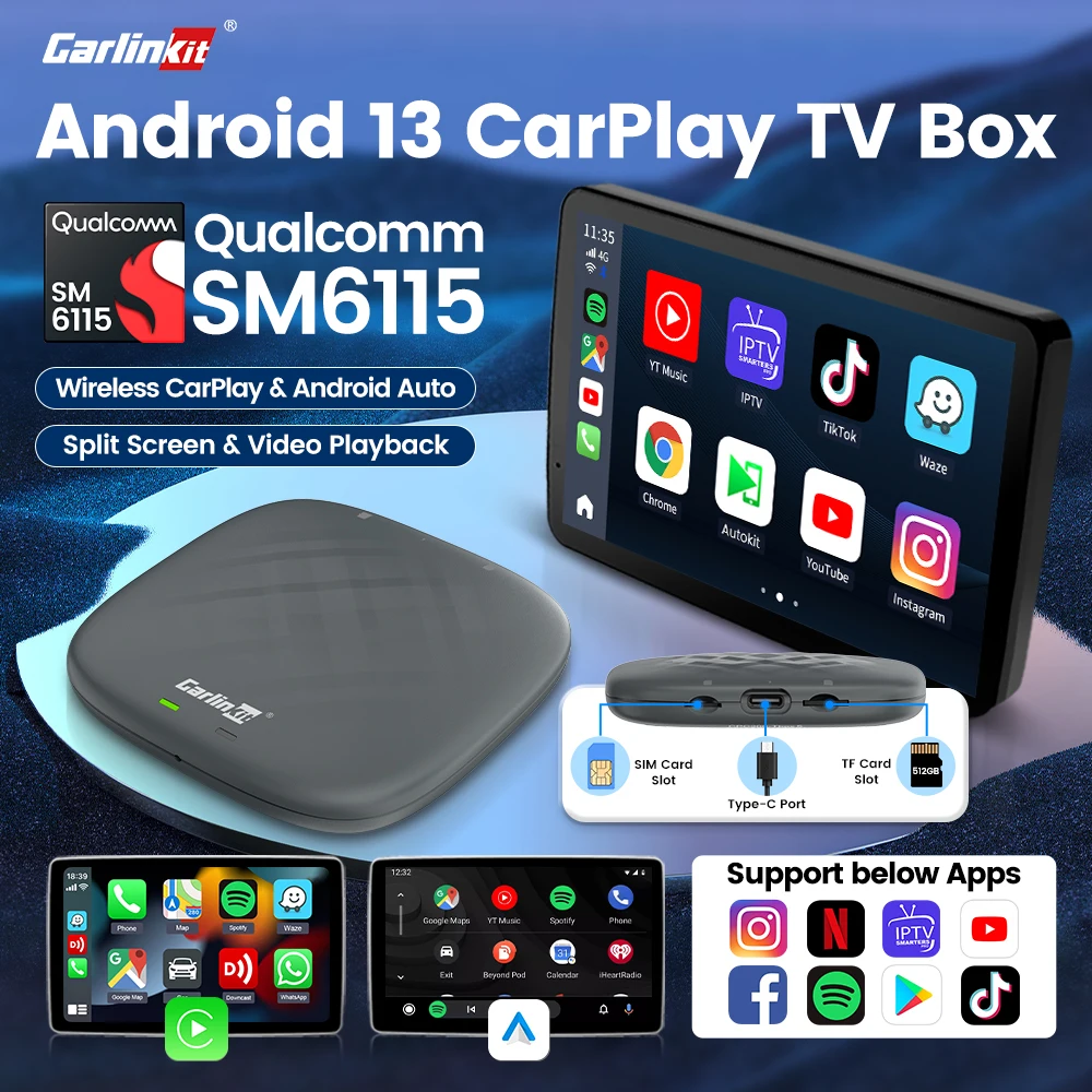 2026 CarlinKit Smart CarPlay Ai Box Android 13, unterstützt Netflix YouTube Split Screen Wireless Android Auto & CarPlay Smart TV Box Image