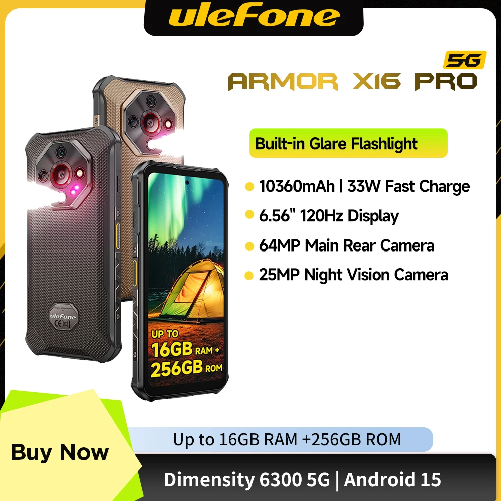 Ulefone Armor X16 Pro 10360 mAh Glare Taschenlampe 5G Robustes Telefon Smartphone Android 15 Bis zu 16 GB + 256 GB 64 MP Hauptkamera 6,56 Zoll 120 Hz Image