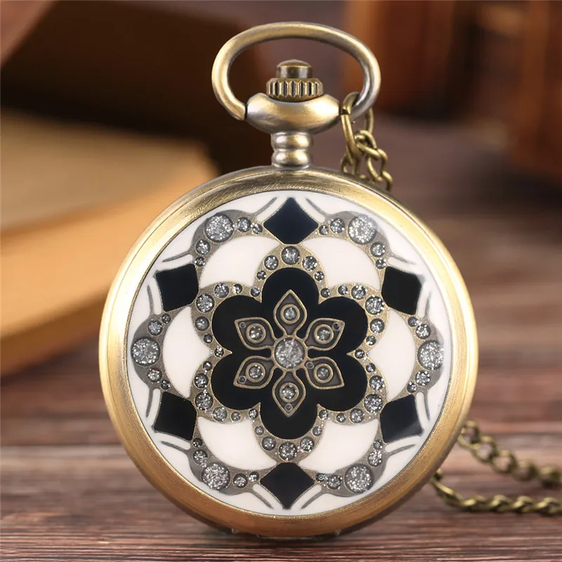 Vintage Bronze Kupfer Weiß Jade Blume Kristall Große Quarz Taschenuhr Frauen Halskette Anhänger Kette Geburtstag Geschenke Schöne Uhr