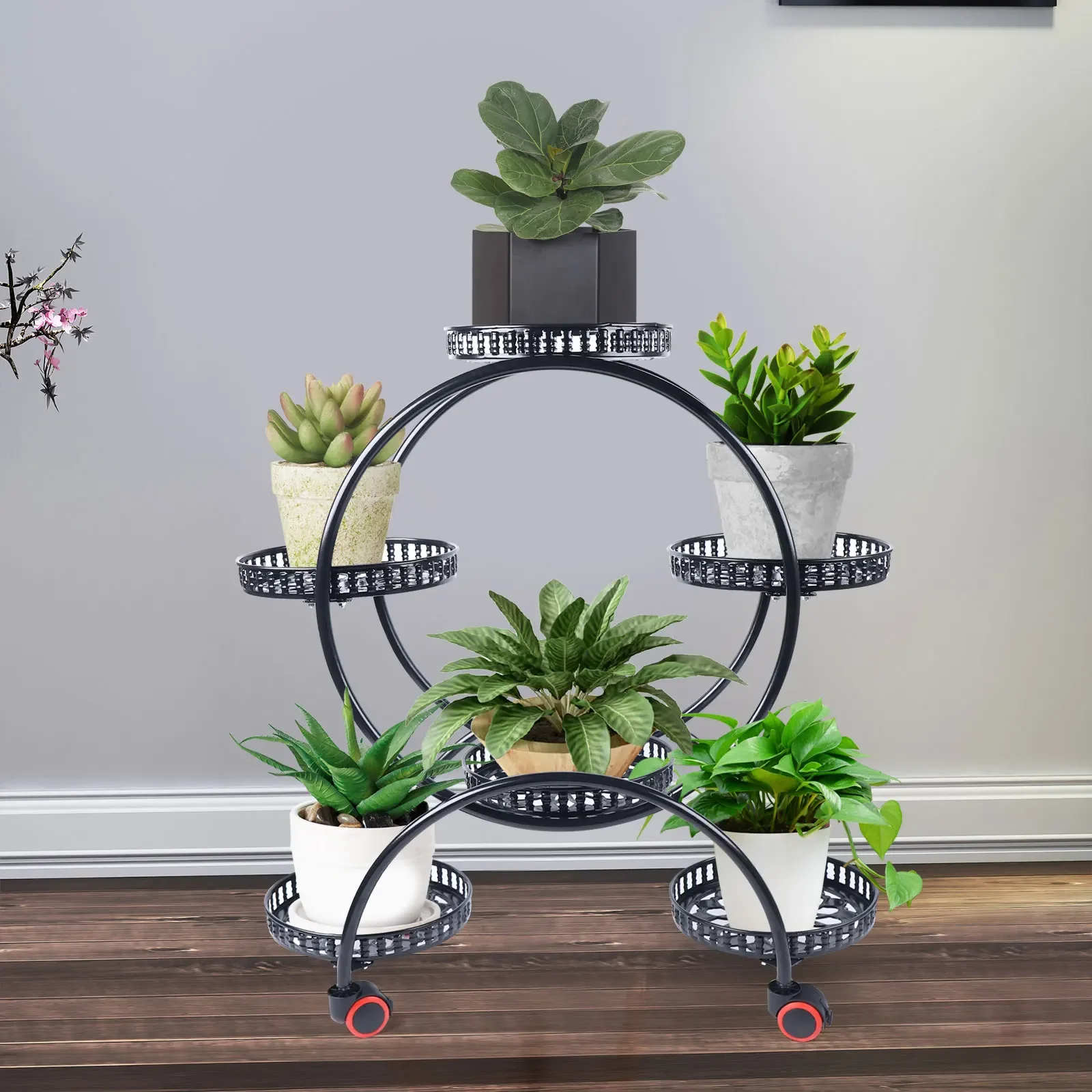 Pflanzenständer aus Metall, 6 Töpfe, Pflanzen, Blumenständer für Terrasse, Garten, Wohnzimmer, Ecke, Balkon, Schlafzimmer, Schwarz/Weiß Image