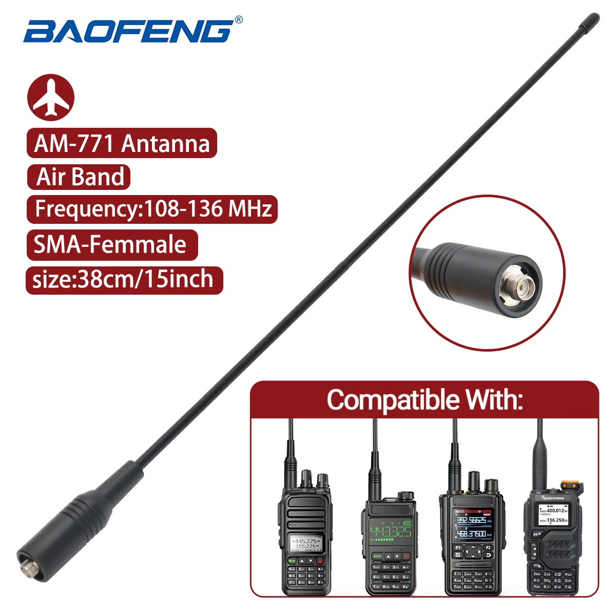 Walkie Talkie AM-771 Air Band Antenne 108-136 MHz SMA-Buchse Antenne für Quansheng UVK5 UVK6 UV5R Plus Baofeng UVK5M Amateurfunk Image