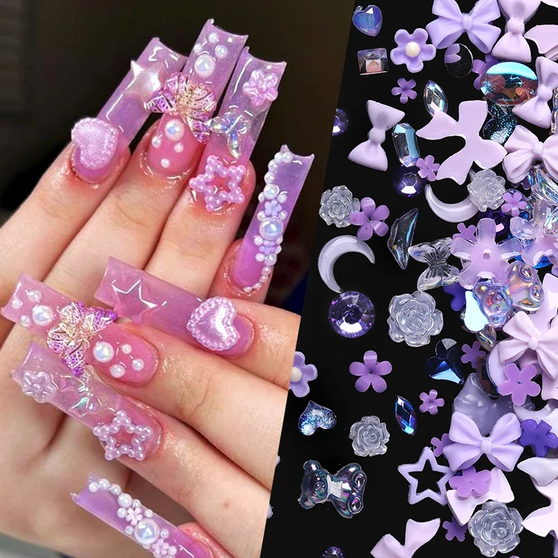 100/200 Stück 3D gemischte Nageldekorationen Kawaii Herz Blume Bär Perle Design Strass Nail Art Charms Schmuck Maniküre Zubehör Image
