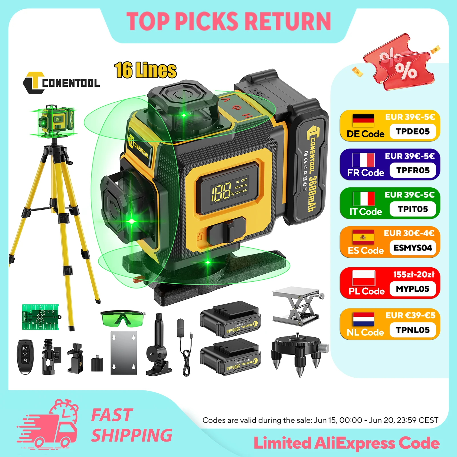 CONENTOOL 16 Linien Laser Level Stativ 4D 360 ° Selbstnivellierender horizontaler vertikaler professioneller Laser-Nivelliergeräte-Akku mit 2 x 3600 mAh Image