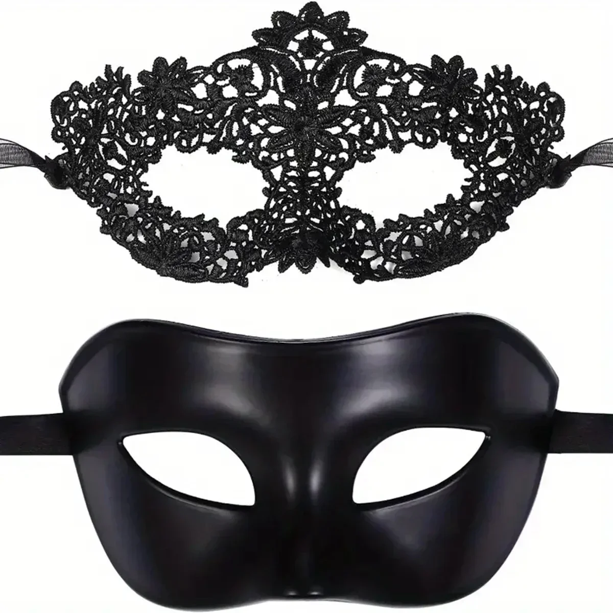 2-teiliges elegantes schwarzes Spitzen-Maskerade-Masken-Set für Paare – perfekt für venezianische Partys, Karneval und Halloween-Feiern