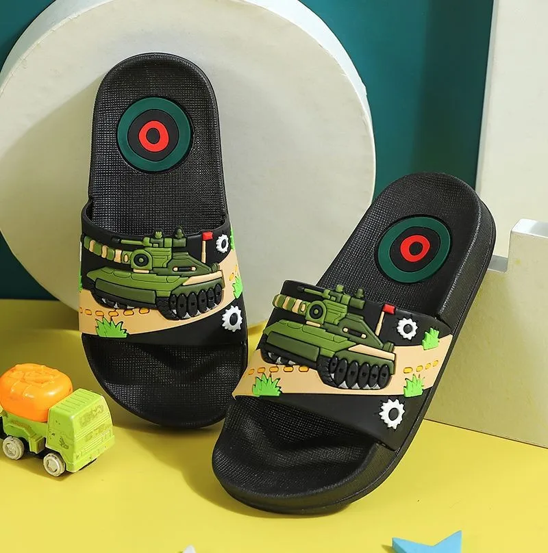 Sommer Cartoon Tank kinder Hausschuhe Für Jungen Mädchen Hausschuhe PVC Hause Flip-Flops Nicht-slip Große Kinder Strand sandalen 3-14 Jahre Image