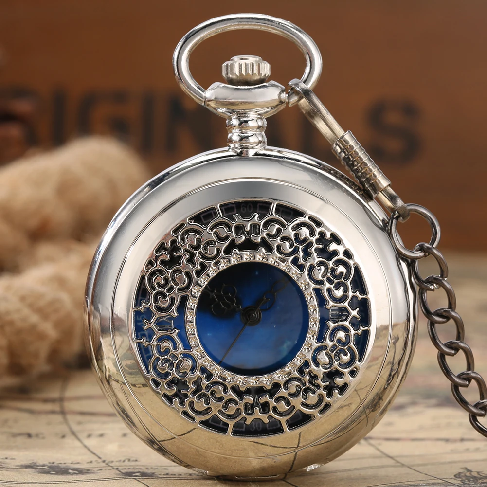 Elegante Vintage hohle Silber/Schwarz Quarz Taschenuhren Halskette Anhänger Fob Kette antike Taschenuhr Geschenke für Männer Frauen